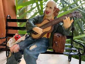Funny Man play guitar In Garden on chair Metal  statue plaster funny Deco Figure - Picture 1 of 10