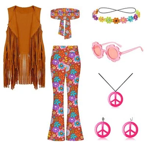 60s 70s Outfits for Kids Girls 8 Pcs Hippie Costume Set Fringe Vest Peace Fla... - Picture 1 of 6