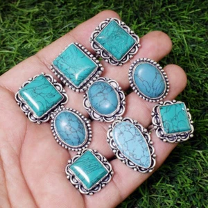 Gifted Turquoise Gemstone 925 Sterling Silver Plated Designer Ring Lot 10pcs - Picture 1 of 6