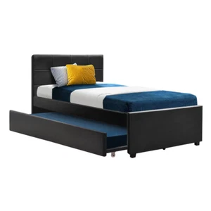 Artiss Trundle Bed Frame King Single Size Black Leather - Picture 1 of 8