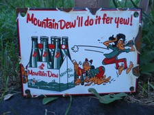 OLD VINTAGE MOUNTAIN DEW PORCELAIN ADVERTISING DOOR SIGN HILLBILLY SODA POP