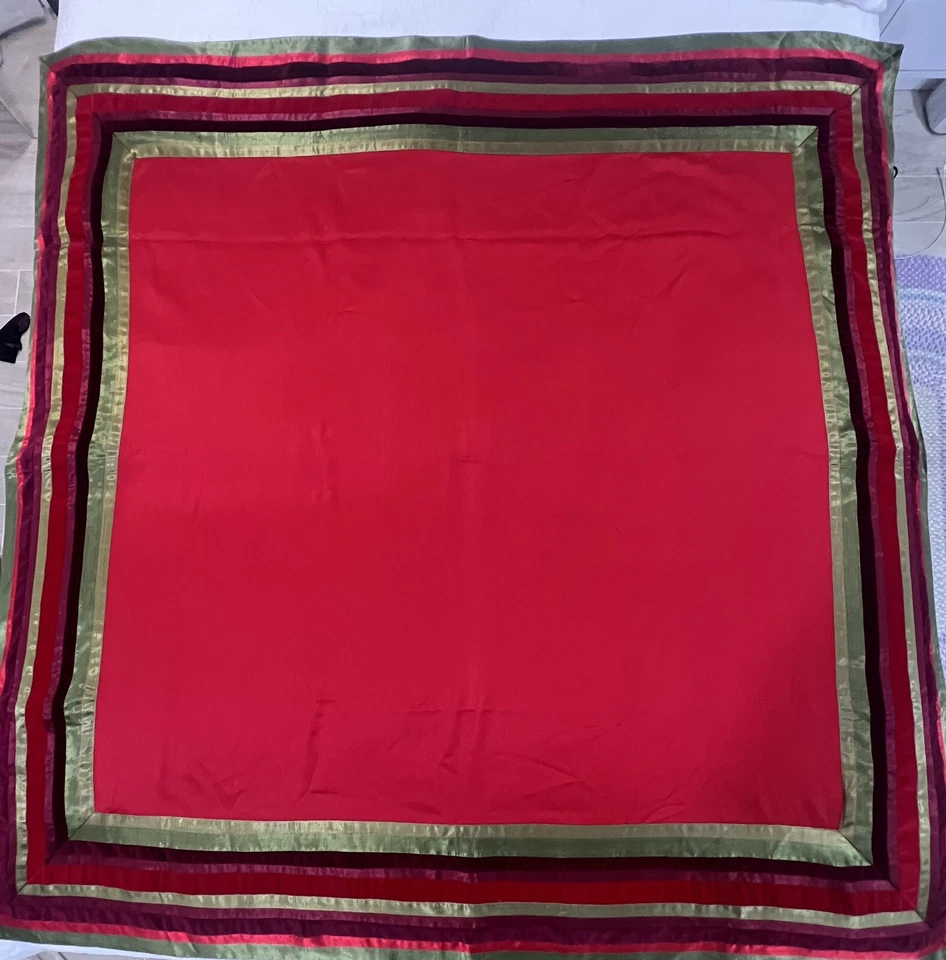Crate & Barrel Rossetti Square Tablecloth 60” X 60” Red With Stripe Ribbons - Image 1 of 4