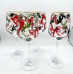 Beautiful Christmas Red Bow Holly Berry Wine Glasses Set Of 4 Gold Rim 2024 - Picture 1 of 6