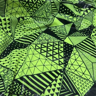 Tela elástica de 4 vías verde neón estampado geométrico spandex por yarda para trajes de baño Foto 1 de 4