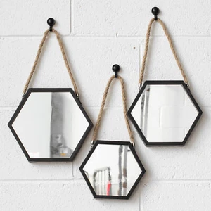 Set of 3 Small Hexagonal Metal Black Wall Mirrors Hanging Ropes Mixed Home Decor - Picture 1 of 4