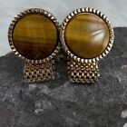 Vintage Signed Hickok Tiger's Eye Cuff Links Mesh Wrap Gold Tone MCM