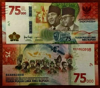 Indonesia UNC 75000 Rupiah 75,000 75th Satellite Commemorative Hybrid Polymer ID - Image 1 of 2