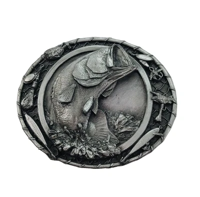 Vtg BERGAMOT Brass Works Fishing Angler Belt Buckle USA 1986 Large Mouth Bass - Image 1 of 4