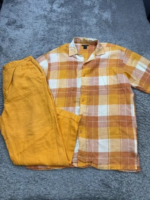 Godbody Men Large Orange Plaid Linen Button Up Shirt Pleated Trousers 2pc Set - Image 1 of 4