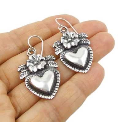Mexican Milagro Heart Earrings in 925 Sterling Silver Heavy Dangling Drops - Image 1 of 4