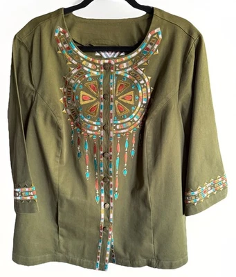 Chaqueta Top Bob Mackie Usable Art Verde Oliva Caftán Para Mujer Talla Medida (XL) Foto 1 de 4