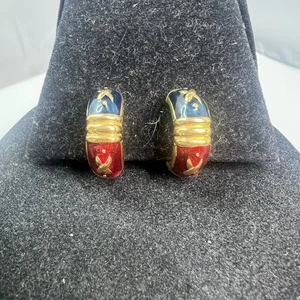 Vintage Joan Rivers Gold-Tone Red Blue Green Enamel Hoop Clip-on Earrings - Picture 1 of 6