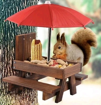 Mesa de picnic de madera ardilla ardilla comedero para pájaros con paraguas rojo nuevo Foto 1 de 4