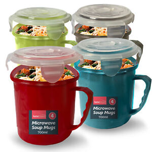 4 Microwave Soup Mug 700ml Food Porridge Bowl Cup Container Airtight Clip Lock