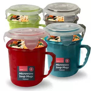 4 Microwave Soup Mug 700ml Food Porridge Bowl Cup Container Airtight Clip Lock - Picture 1 of 10