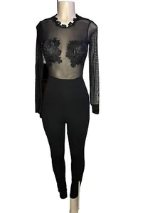 Women black mesh bodysuit long sleeve, S - Picture 1 of 2