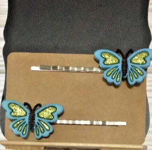 Cute Glittery Blue & Green Butterflies Decorative Bobbie Pins Hair Pin Hair - Picture 1 of 1