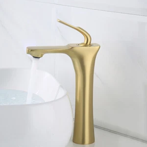 Grifos mezcladores de cubierta de montaje de cubierta de fregadero alto cepillado oro de un solo orificio fregadero de baño - Imagen 1 de 7