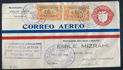 1929 Colon Canal Zone Panama First Flight Airmail Cover To Lima Peru 162 Flown Cover