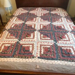 Vintage Handmade Patchwork Quilt Log Cabin Multicolor Imperfect Flawed 83.5x82.5 - Picture 1 of 9
