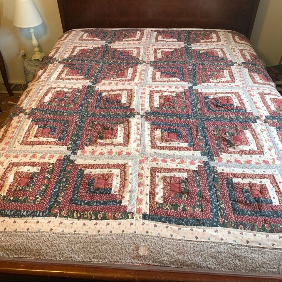 Vintage Handmade Patchwork Quilt Log Cabin Multicolor Imperfect Flawed 83.5x82.5 - Image 1 of 4