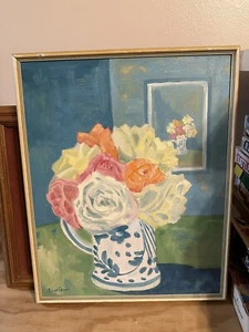 Hand Painted Oil on Canvas Orginal by Anne Powell RARE Fine Art: Flowers in Vase - Picture 1 of 3