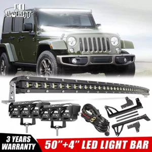 50" Curved Led Light Bar Combo+4" Pods For 07-18 Jeep Wrangler JK Roof Brackets - Picture 1 of 24