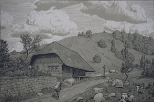 Paisaje con cruz casa de la Selva Negra cerca de Happach Hans Thoma firmado 1896 - Imagen 1 de 6