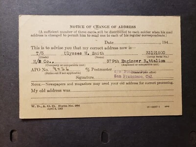 APO 9026 CAMP SHELBY, MISS CHANGE of ADDRESS 1943 Army Cover 379th ENGINEER Bn - Image 1 of 2