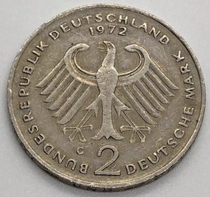 Alemania 1972 "G" 2 marcos alemanes cobre-níquel, 20 aniversario, Theodor Heuss - Imagen 1 de 2