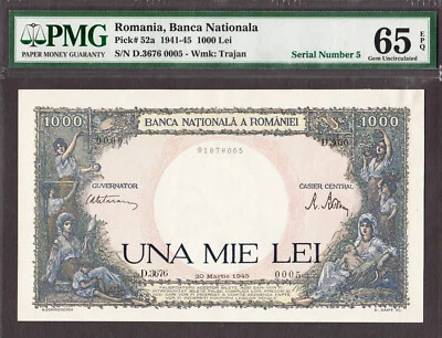 Romania 1000 Lei 1945 Pick-52a Serial # 0005 GEM UNC PMG 65 EPQ - Image 1 of 2