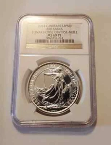 Britannia Horse MULE ERROR 2014 1 oz Silver Coin - NGC MS69 PL w/STRIKE THROUGH - Picture 1 of 3