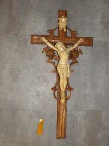 Antique Religious CHURCH HAND CARVED WOOD JESUS CHRIST God Icon Wall Cross old - Picture 1 of 10