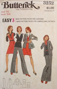 BUTTERICK 3252 VTG 70s Jumper Tunic Vest V-neck Cardigan Pants 16 UNCUT Pattern - Picture 1 of 8