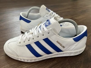 ADIDAS Hamburg Originals Mens Leather Running Trainers, White/Blue - Size 7 - Picture 1 of 12