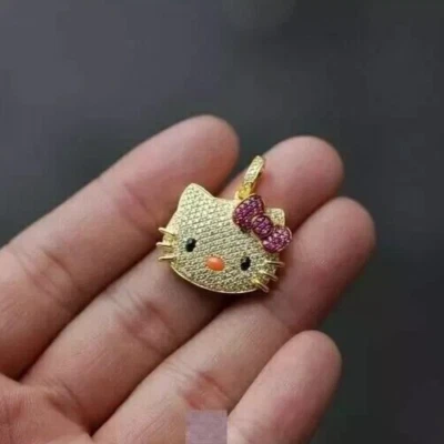 14K Yellow Gold Finish 2Ct Round Cut Created Diamond 'Hello Kitty' Pendant Chain - Image 1 of 2
