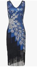 BABEYOND WOMEN DRESS SZ SMALL BLUE BEADS FRINGES 1920’S GREAT GASBY PROM PARTY