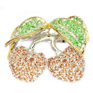 925 STERLING SILVER ORANGE SAPPHIRE & GREEN TSAVORITE GARNET CHERRY RING SIZE 8 - Picture 1 of 10