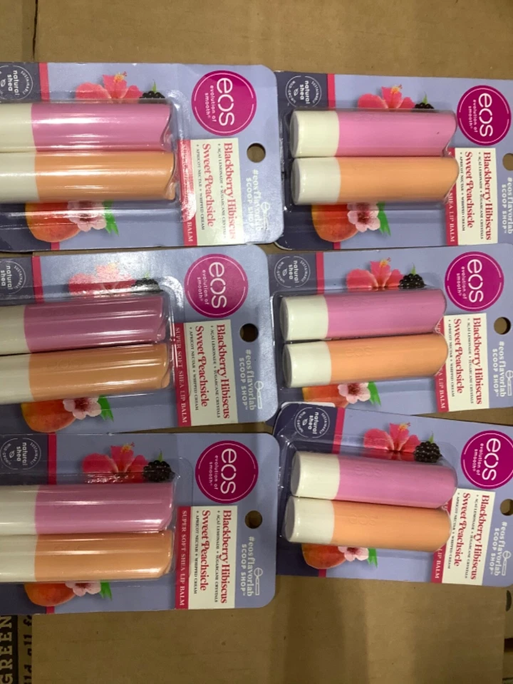 6 paquetes de bálsamo labial eos FlavorLab mora hibisco y melocotón dulce, 0,14 oz Foto 1 de 1