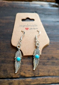 FEATHER DROP / DANGLE EARRINGS BLUE STONE Handmade-Silver Plated Hooks / Wires - Picture 1 of 3