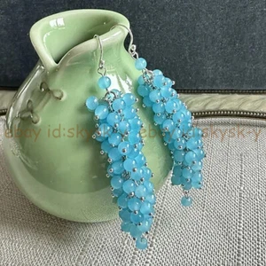 4mm Natural Blue Jade Round Gemstone Beads Grape Dangle Silver Hook Earrings - Picture 1 of 6