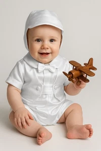Baby Boys Christening Romper with Bonnet- Infants Baptism Outfit Set 0-24 months - Picture 1 of 3