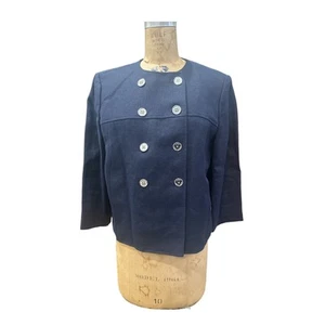 Green Label Lauren Ralph Lauren Blue Linen Double Breasted Jacket Pockets Sz 12 - Picture 1 of 9
