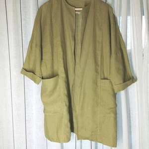 Linen Fox 100% Linen Jacket Size XS Green Lagen Minimal Oversized Mid Length - Picture 1 of 5