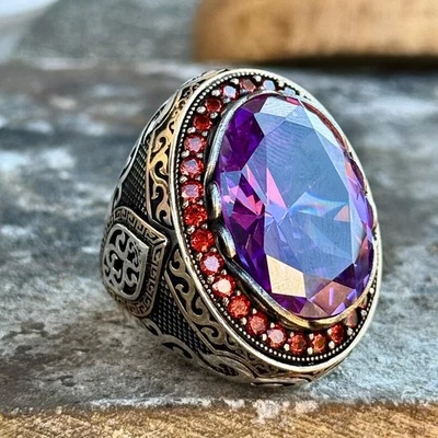 Anillo estilo otomano para hombre plata grande amatista con piedra rubí para hombre Foto 1 de 4