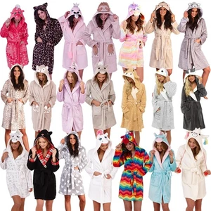 Womens Fleece Dressing Gown Ladies Robe With Novelty Hood - Picture 1 of 67