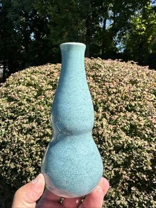 ARTS & CRAFTS ANTIQUE BLUE SPECKLED GLAZED~DOUBLE GOURD CERAMIC VASE - Picture 1 of 17
