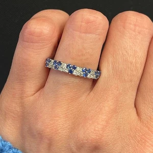 0.85Ct Round Cut Blue Saphire Half Eternity Wedding Ring 14K White Gold Finish - Picture 1 of 10