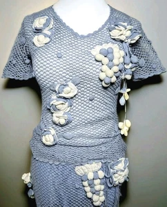 Vtg Y2K Crochet Mesh Skirt Set Sz L 3D Floral Fruit Statement Fairycore Cottage - Picture 1 of 15