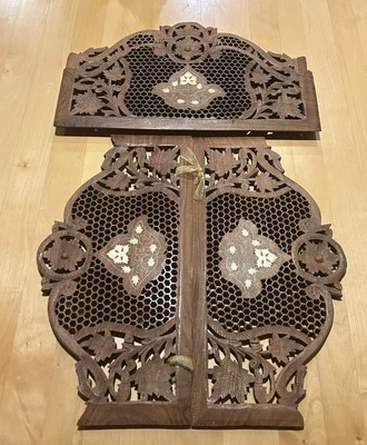 Four 20th C Moorish Hand Carved Inlaid Honeycomb High Relief Wood Panels - Image 1 of 4